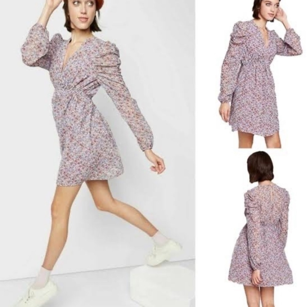 Wild Fable Purple Floral Mini Dress S Boho Puff Sleeve Deep V-Neck Cottagecore